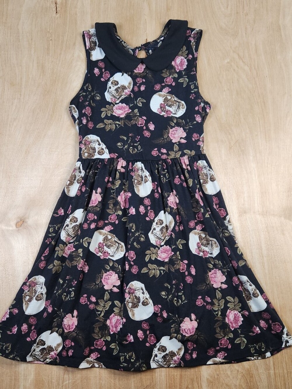 Womens Black Fit And Flare Floral Skull Print Dress Sleeveless With Collar S